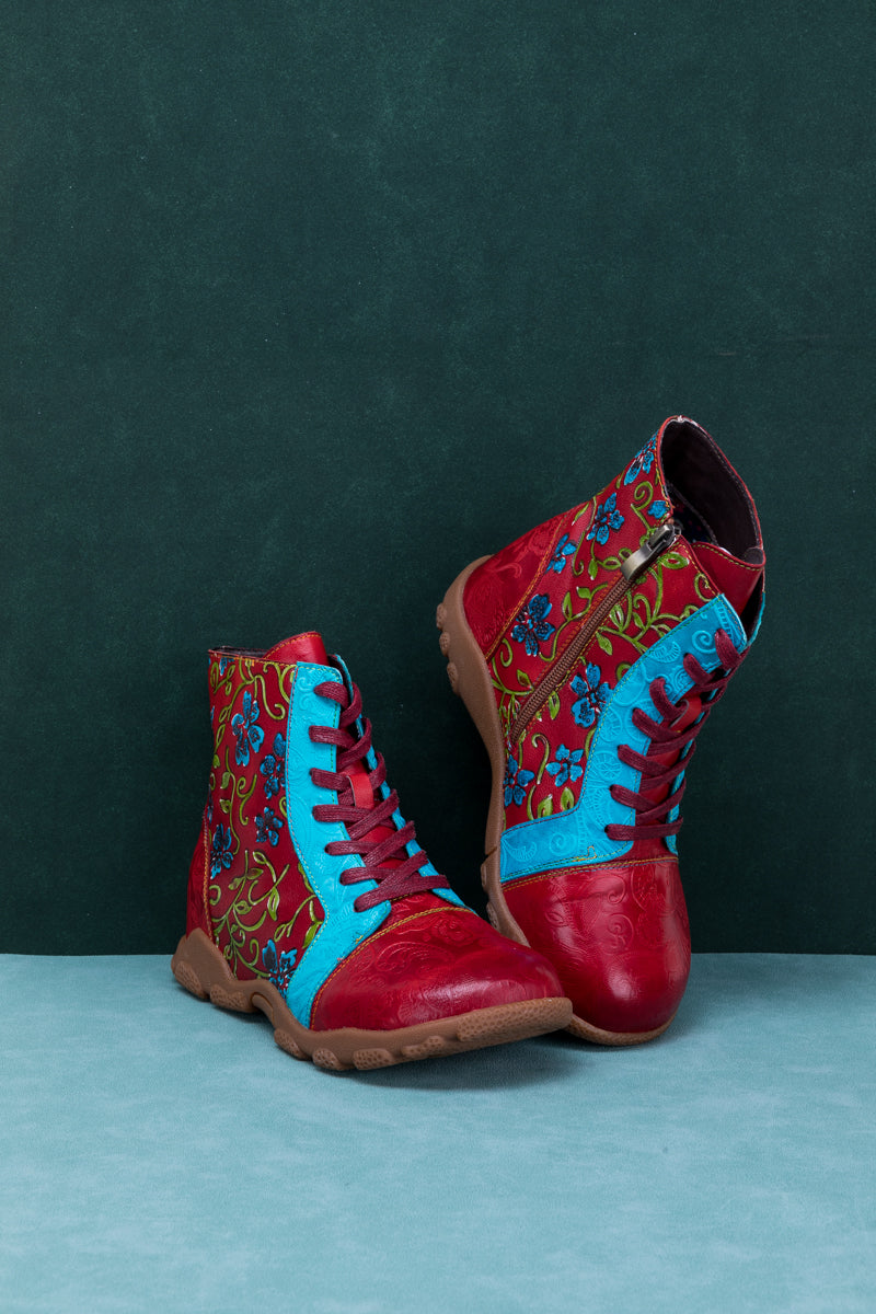 SOFFIA | SWIRL FLORAL EMBOSSED LACE UP LEATHER COMBAT BOOT