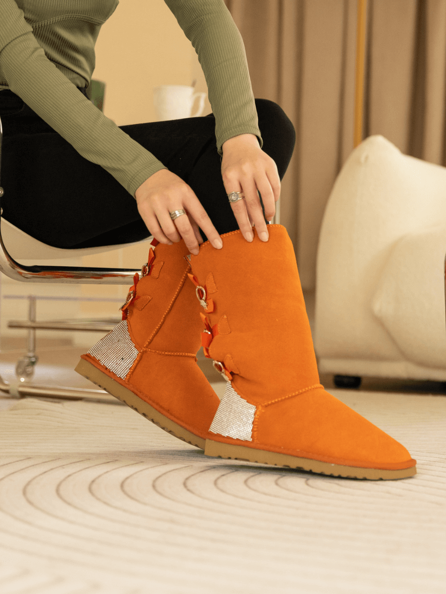 SMAIBULUN Ugg | Rhinestone Ribbon Tri-Tie Bow Suede Boots - Orange