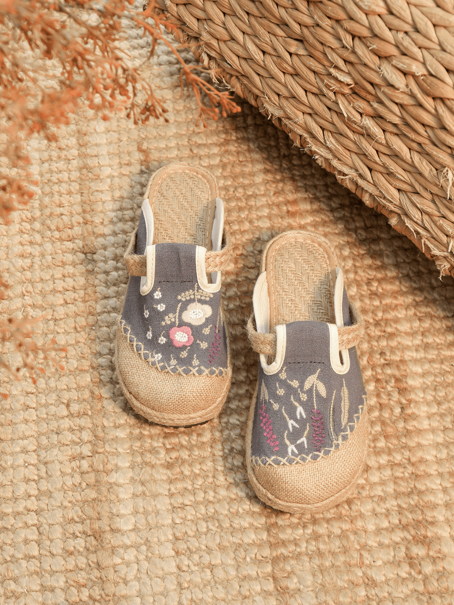 CACTUS ROSE | BLOSSOM WHEAT EMBROIDERED LINEN MULE - GREY