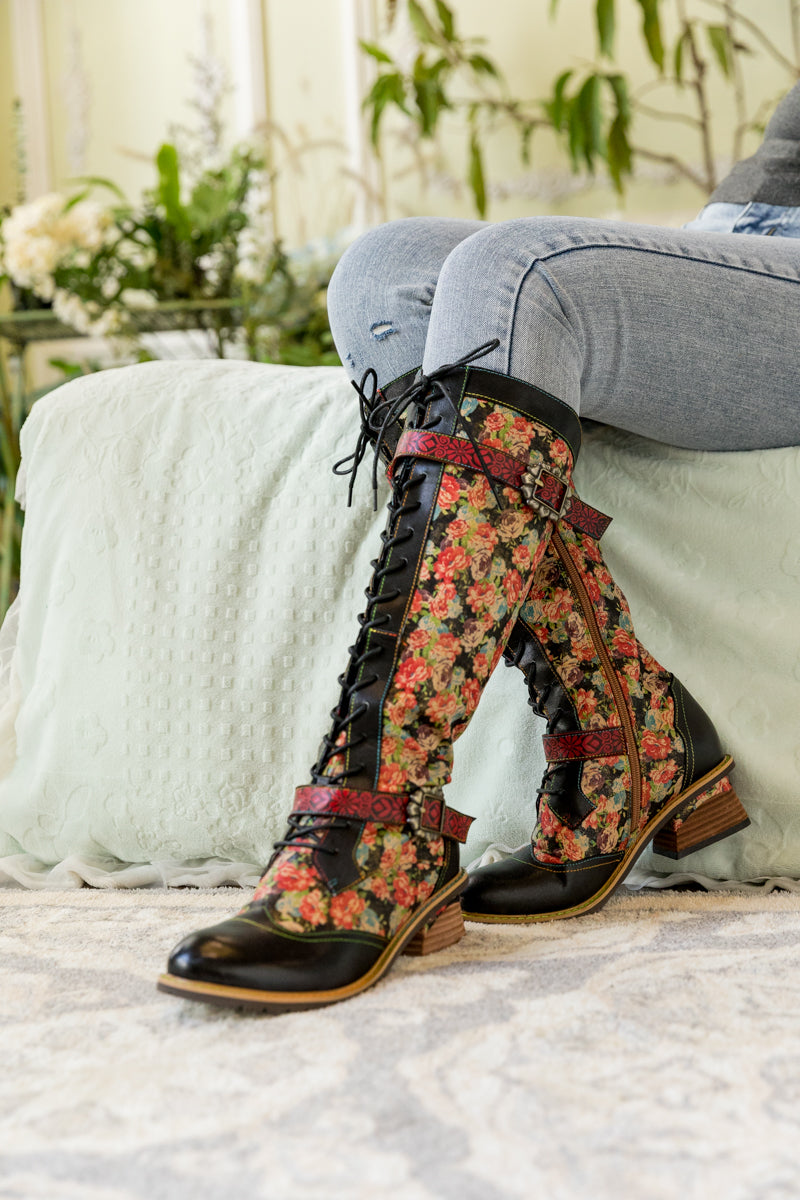 SOFFIA | BLOOMING FLORAL TIE-ACCENT LEATHER KNEE HIGH BOOT