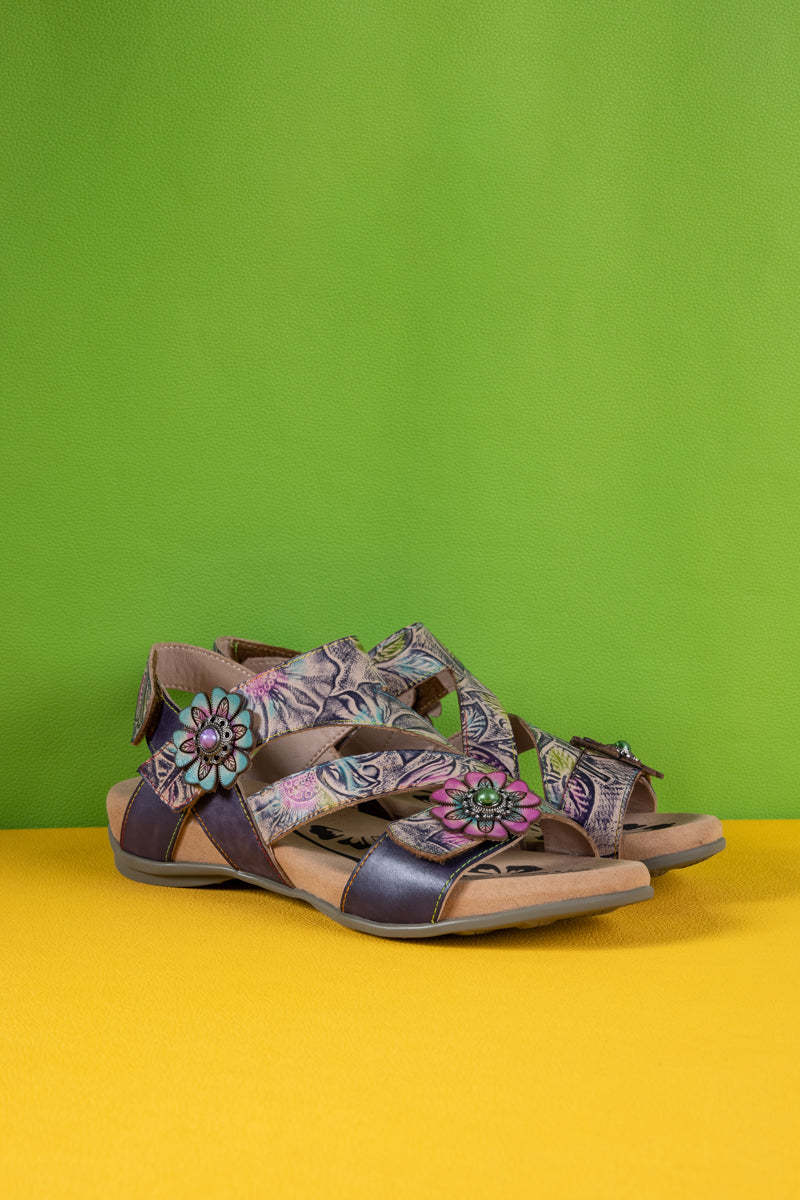 Soffia | Celine Floral Abstract Leather Footbed Sandal