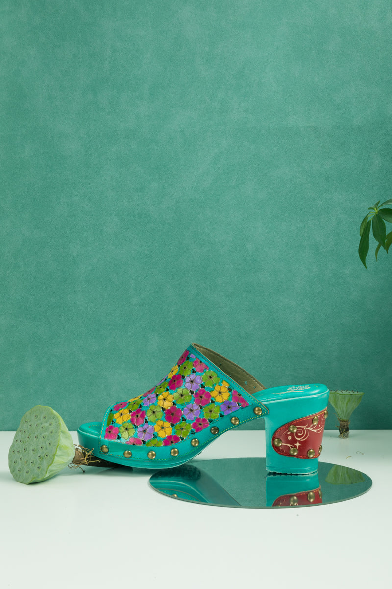 SOFFIA | DAISY EMBOSSED TURQUOISE LEATHER CLOG