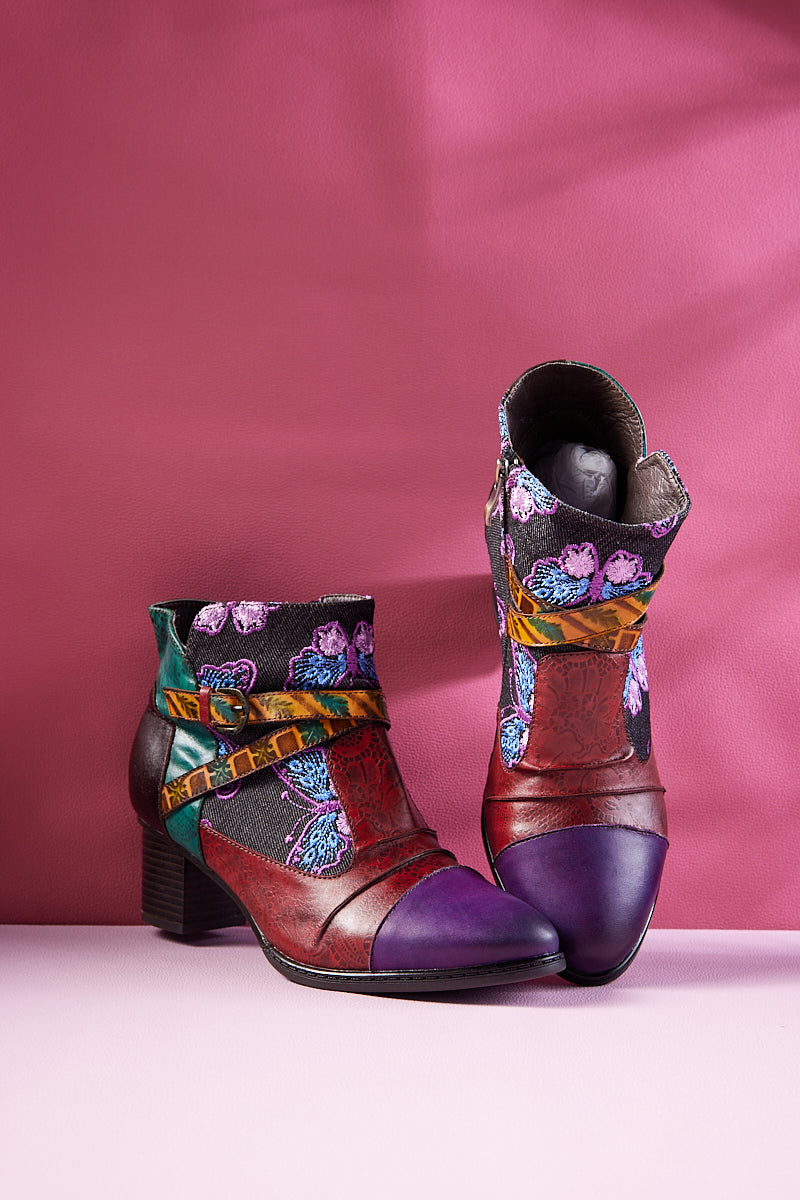 Soffia | Thalia Butterfly Embroidered Leather Ankle Boots