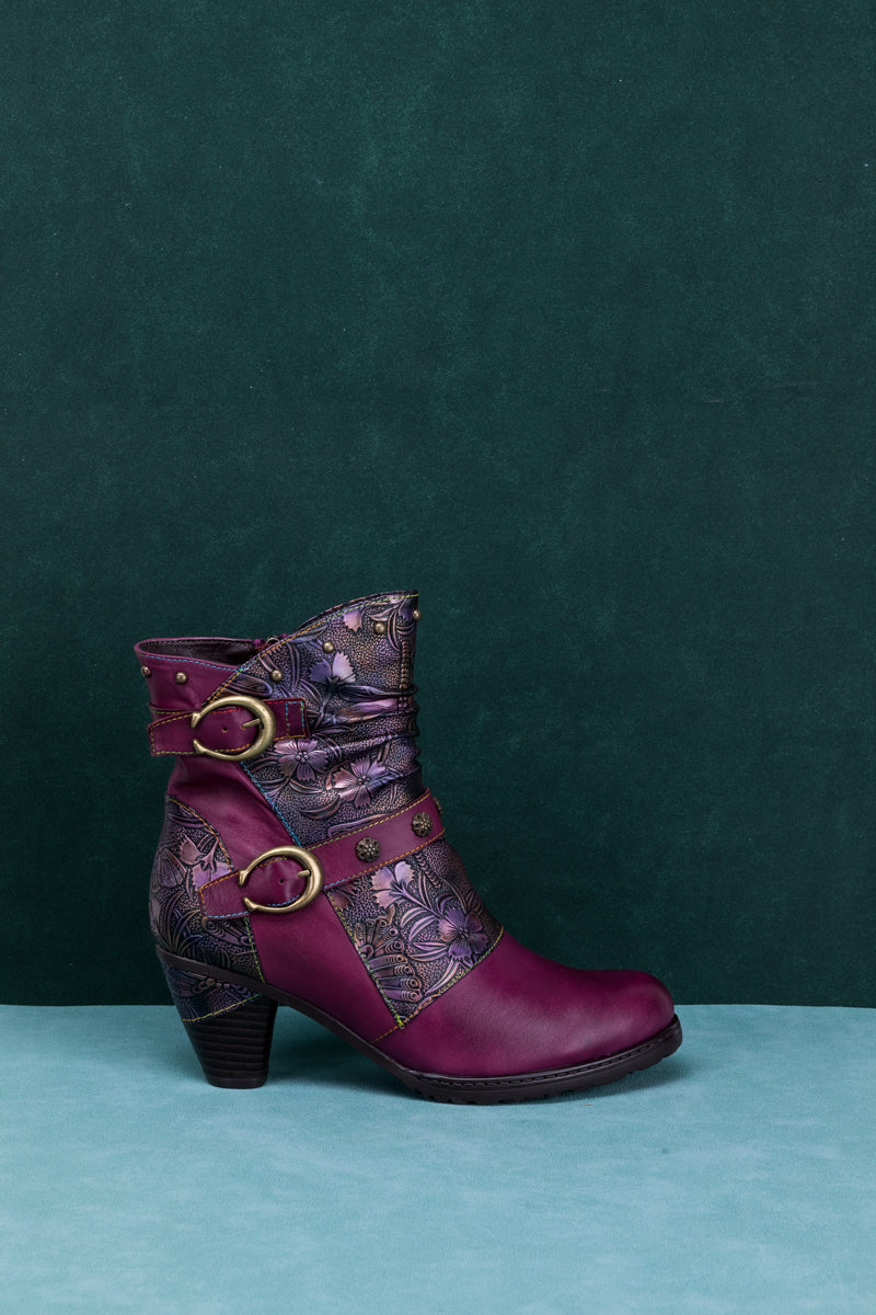 SOFFIA | FLORAL EMBOSSED BUCKLE UP LEATHER BOOTIE - VIOLET