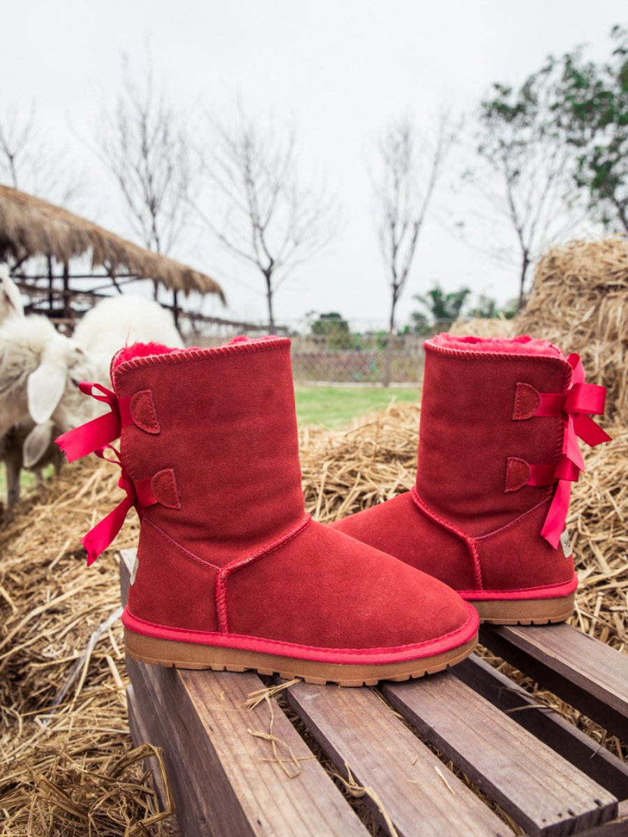 SMAIBULUN Ugg | DOUBLE RIBBON BOW SUEDE BOOT - Red