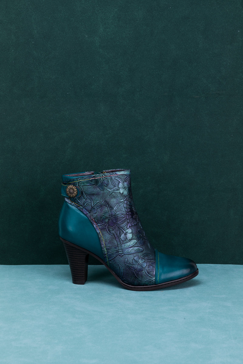 SOFFIA | FLORAL EMBOSSED METALLIC LEATHER ANKLE BOOT - TEAL