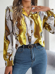 Long Sleeves Loose Buttoned Printed Notched Collar Blouses&Shirts Tops