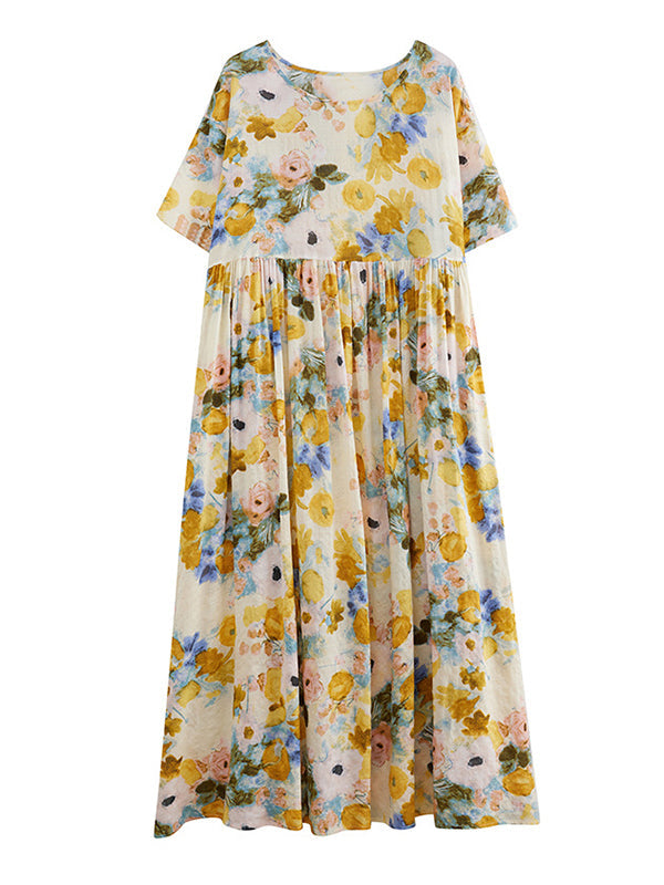 A-Line Loose Floral Printed Round-Neck Midi Dresses