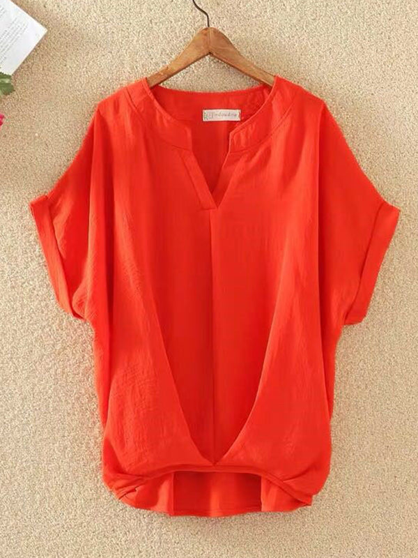 Loose Plus Size Pleated Solid Color V-Neck T-Shirts Tops