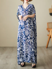 Loose Short Sleeves Floral Printed V-Neck Maxi Dresses