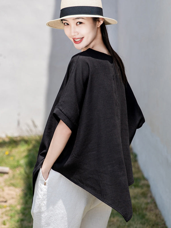 Artistic Retro Loose Linen Asymmetric T-Shirt Top