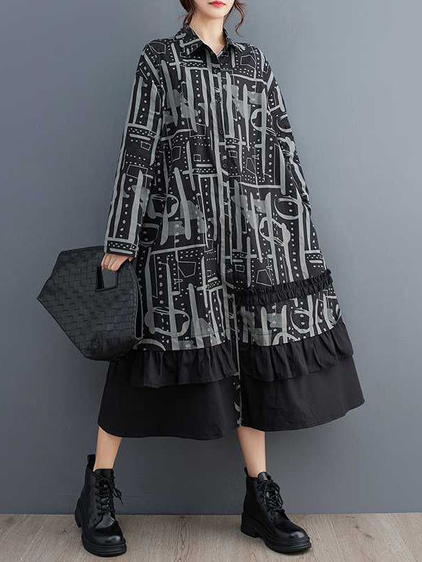 A-Line Long Sleeves Asymmetric Buttoned Printed Split-Joint Lapel Midi Dresses