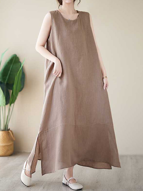 A-Line Loose Solid Color Round-Neck Midi Dresses