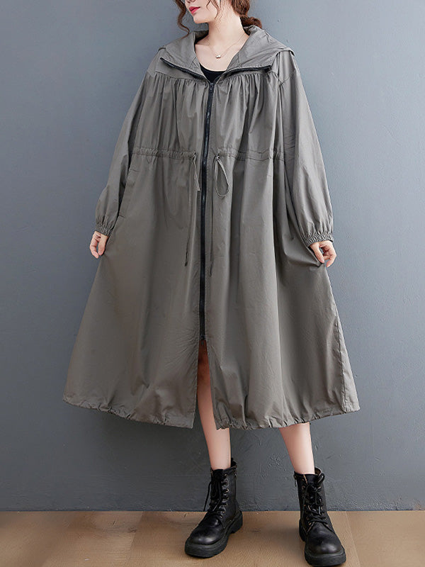 Casual Loose Solid Color Zipper Drawstring Long Sleeves Hooded Trench Coat