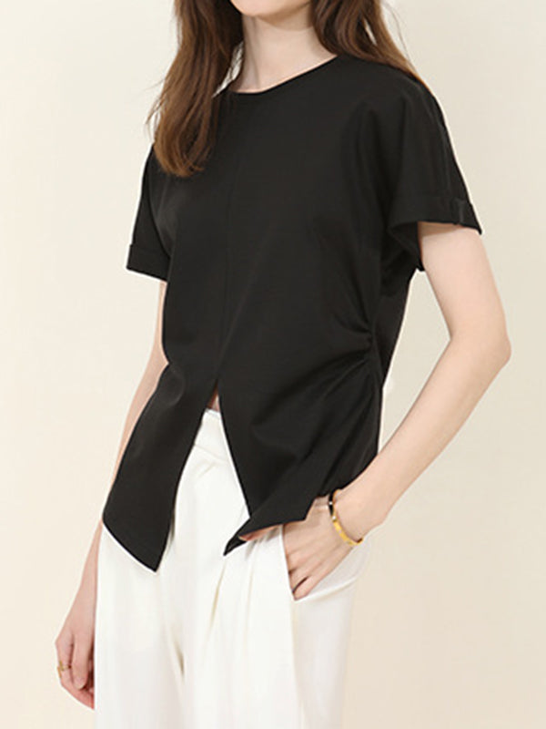 Batwing Sleeves Loose Pleated Solid Color Split-Front Split-Joint Round-Neck T-Shirts