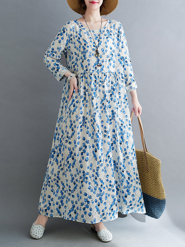 Long Sleeves Loose Flower Print Split-Joint Round-Neck Midi Dresses