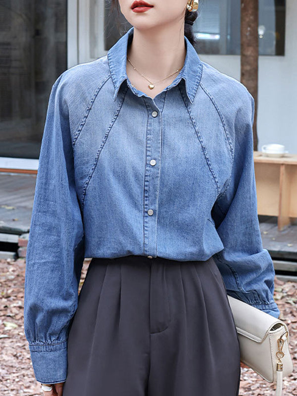 Long Sleeves Loose Buttoned Pleated Split-Joint Lapel Blouses&Shirts Tops