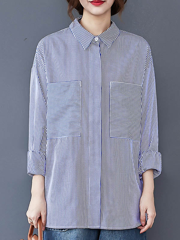 Loose Casual Striped Split-Joint With Pocket Lapel Collar Long Sleeves Blouse