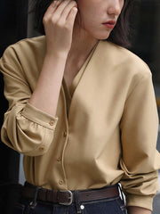 False Two Long Sleeves Buttoned Solid Color V-Neck Blouses&Shirts Tops