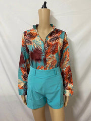 Long Sleeves Buttoned Flower Print Deep V-Neck Shirts Top +Belted Shorts Bottom Two Pieces Set