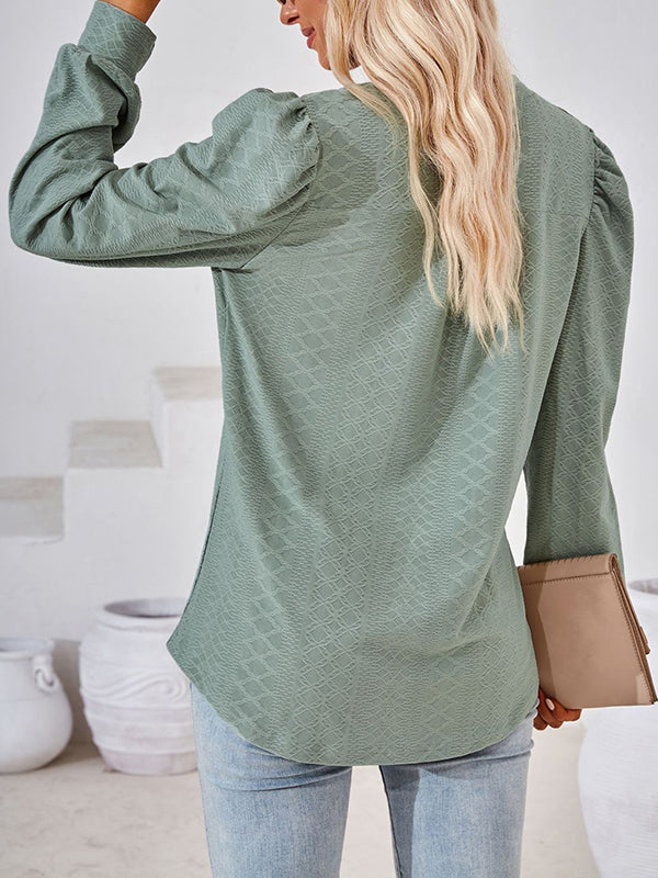 Long Sleeves Loose Jacquard Solid Color V-neck T-Shirts Tops