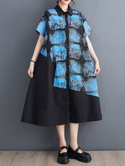 Loose Short Sleeves Abstract Printed Lapel Midi Dresses Shirt Dress