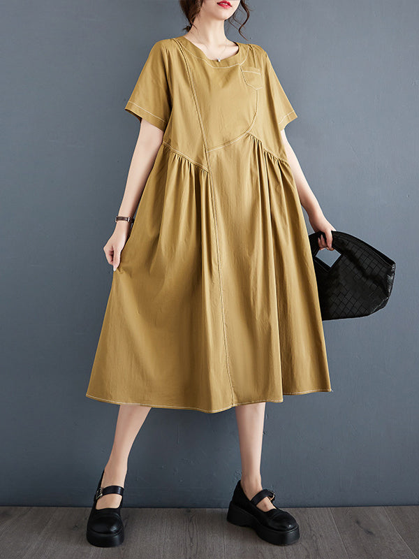 A-Line Loose Asymmetric Pleated Pockets Solid Color Split-Joint Round-Neck Midi Dresses