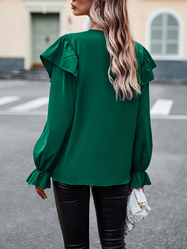 Long Sleeves Loose Asymmetric Hollow V-Neck Blouses&Shirts Tops