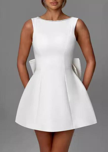 Pearl-Trimmed Bow Back Mini Dress - Chic Elegance