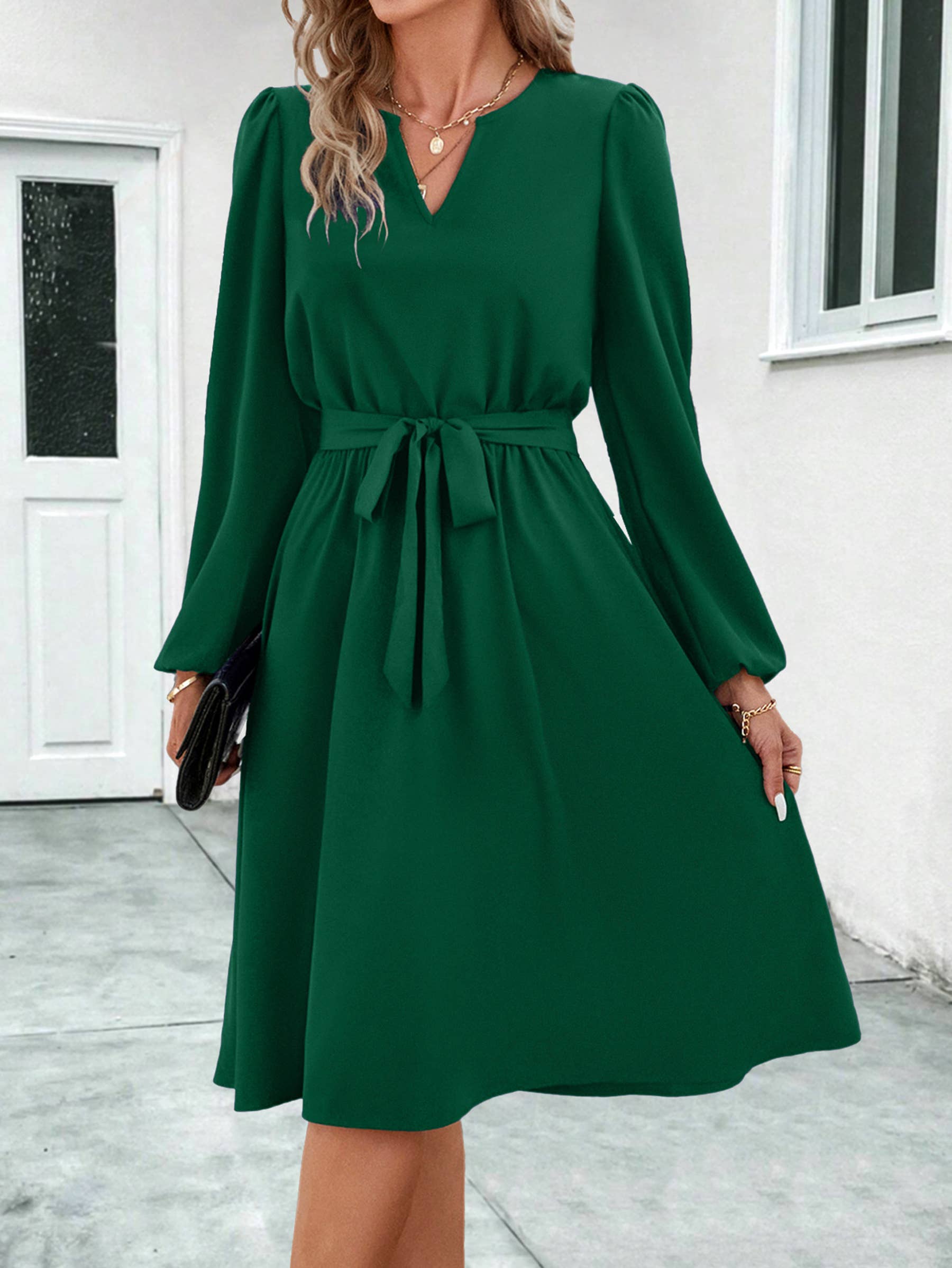 Long Sleeved V-neck Tie Up Dress