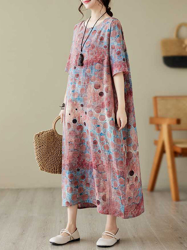 Half Sleeves Loose Contrast Color Polka-Dot Printed Round-Neck Midi Dresses