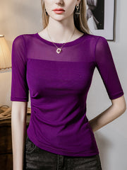 Half Sleeves Plus Size Asymmetric Pleated Solid Color Split-Joint Round-Neck T-Shirts Tops