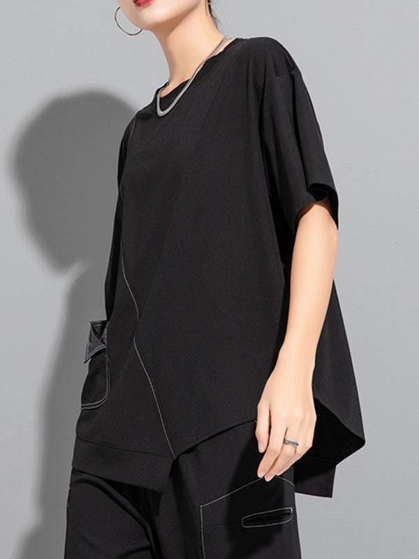 Loose Short Sleeves Asymmetric Solid Color Split-Joint Round-Neck T-Shirts Tops