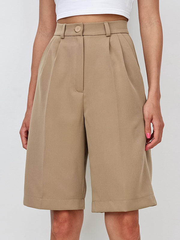 High Waisted Loose Pleated Solid Color Split-Joint Half Pants Shorts Bottoms