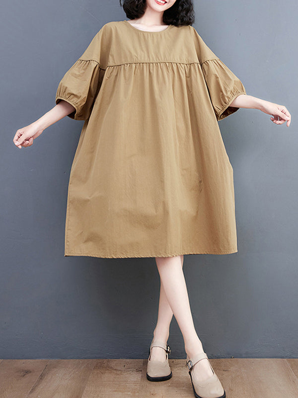 Loose Short Sleeves Solid Color Round-Neck Midi Dresses