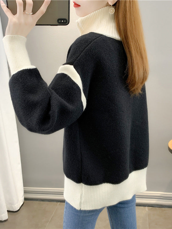 Casual Long Sleeves Contrast Color Zipper Stand Collar Cardigan Tops