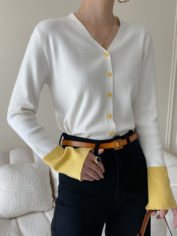 Flared Sleeves Long Sleeves Buttoned Contrast Color Split-Joint V-Neck Cardigan Tops