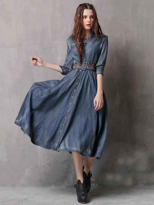 Vintage Embroidered Cropped Denim Dress