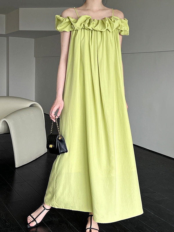 Loose Sleeveless Elasticity Pleated Solid Color Split-Joint Off-The-Shoulder Maxi Dresses