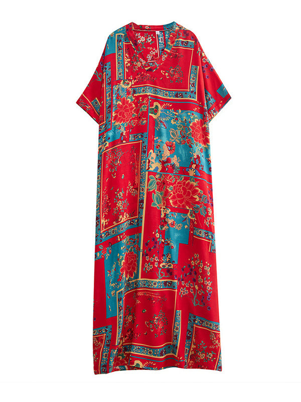 Loose Short Sleeves Floral Printed Multi-Colored V-Neck Maxi Dresses