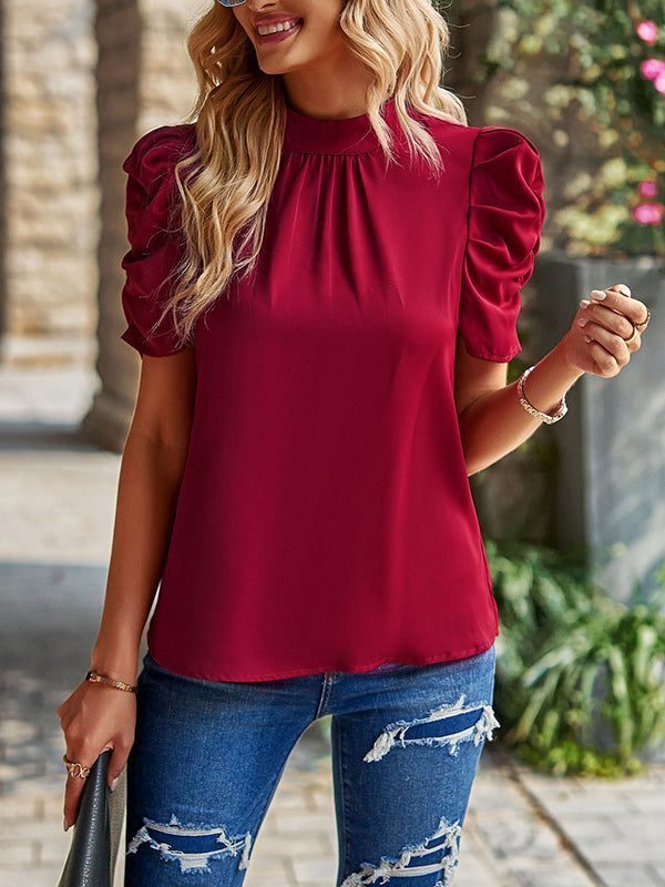 Half Sleeves Loose Pleated Solid Color Mock Neck T-Shirts Tops