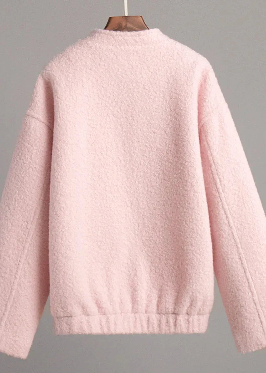 Cozy Pink Drop Shoulder Stand Collar Jacket