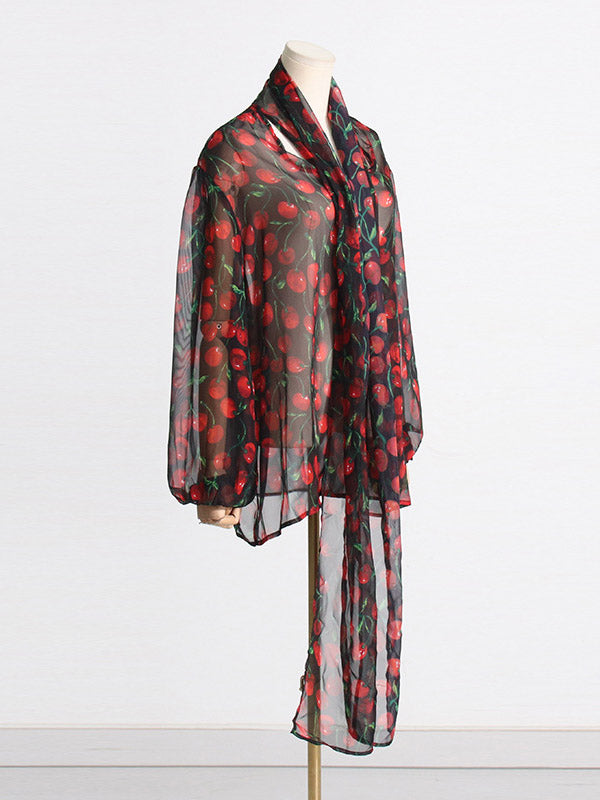 Long Sleeves Loose Flower Print See-Through Shawl Collar Blouses&shirts Tops