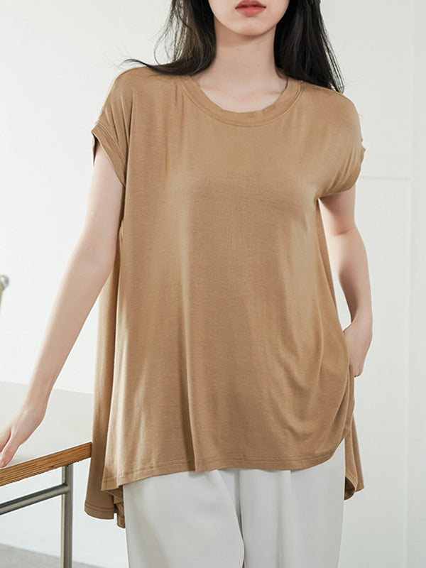 High-Low Loose Asymmetric Solid Color Round-Neck T-Shirts Tops