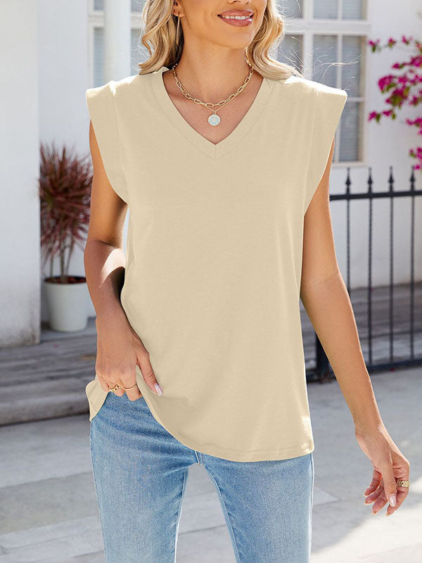 Cap Sleeve Solid Color V-neck T-Shirts Tops