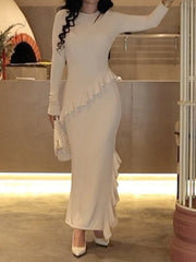 Vienna Elegance - Long Sleeve Ruffled Cutout Maxi Dress