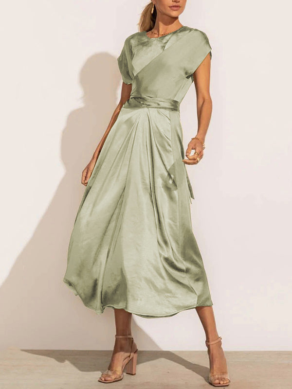 Loose Short Sleeves Solid Color Split-Joint Tied Waist Round-Neck Midi Dresses