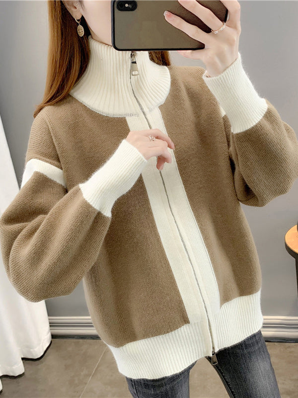 Casual Long Sleeves Contrast Color Zipper Stand Collar Cardigan Tops