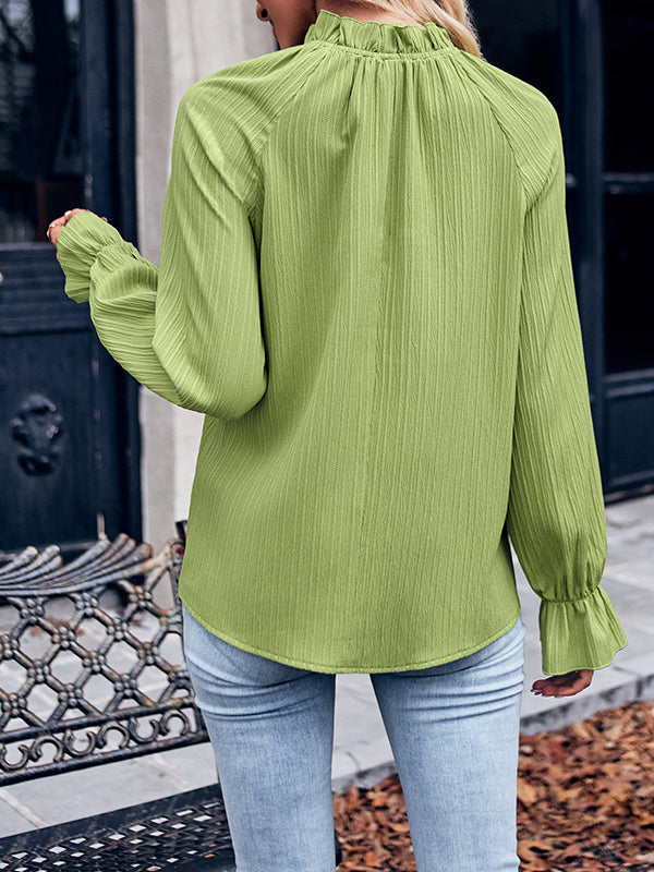 Long Sleeves Ruffle Sleeves Elasticity Ruffled Solid Color Mock Neck T-Shirts Tops