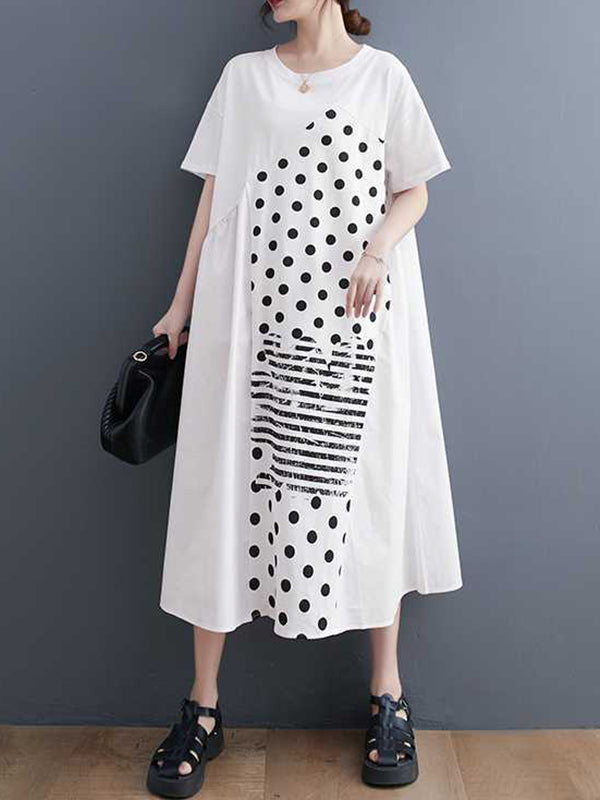 A-Line Loose Asymmetric Pockets Polka-Dot Split-Joint Round-Neck Midi Dresses